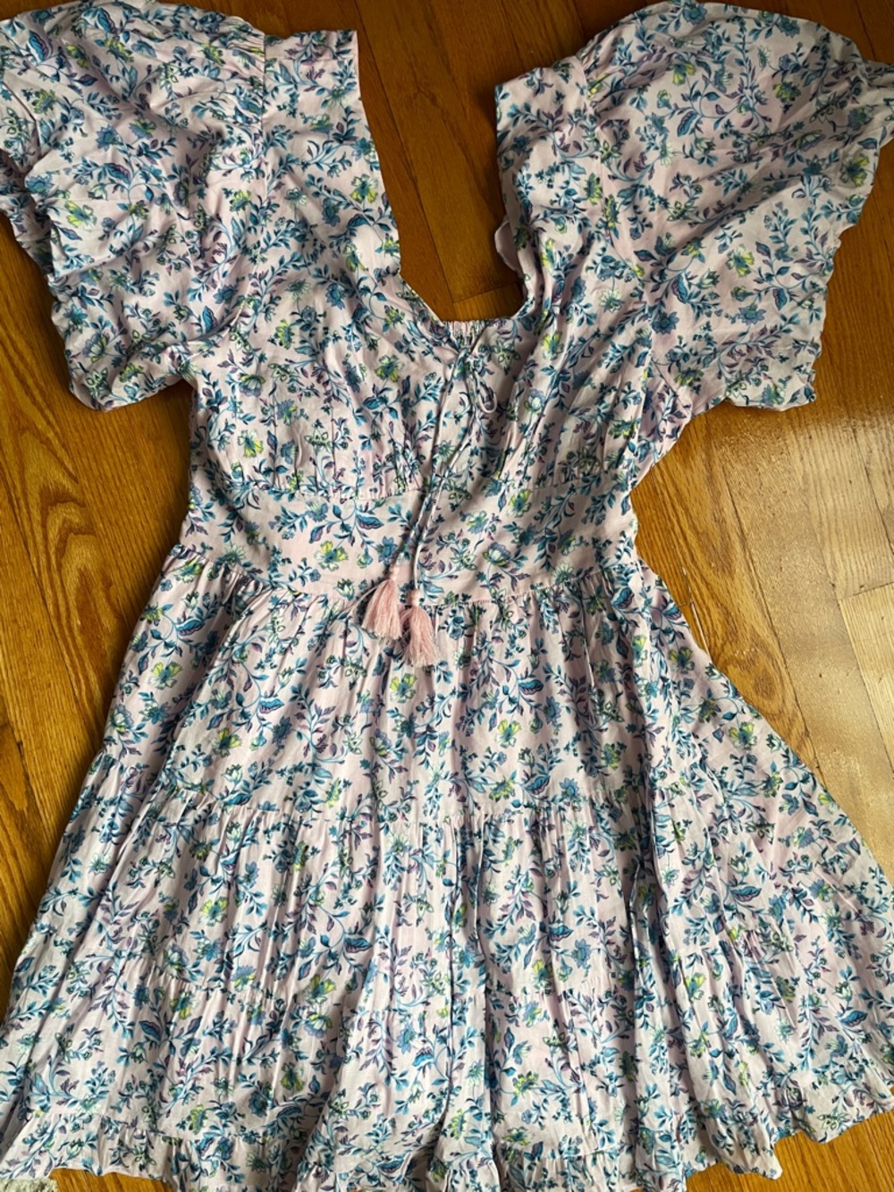 Jessica Simpson Light Pink Floral Tiered Mini Dress with Blue & Green Print
